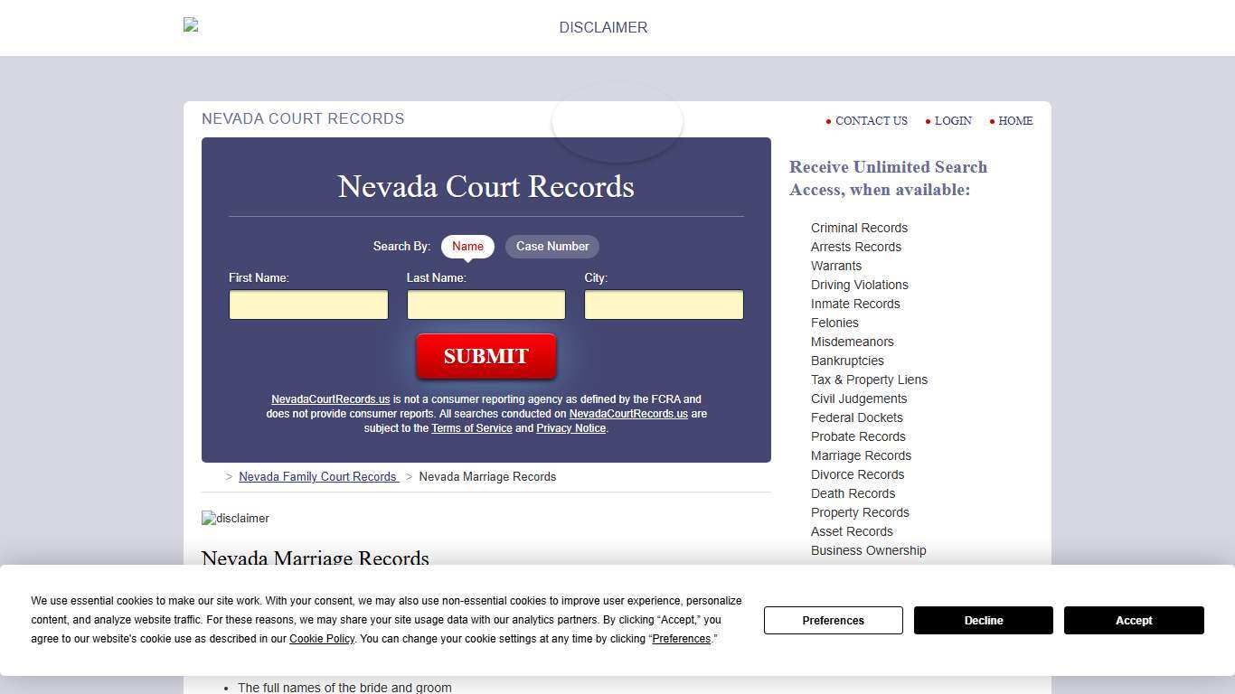 Nevada Marriage Records Search NevadaCourtRecords.us